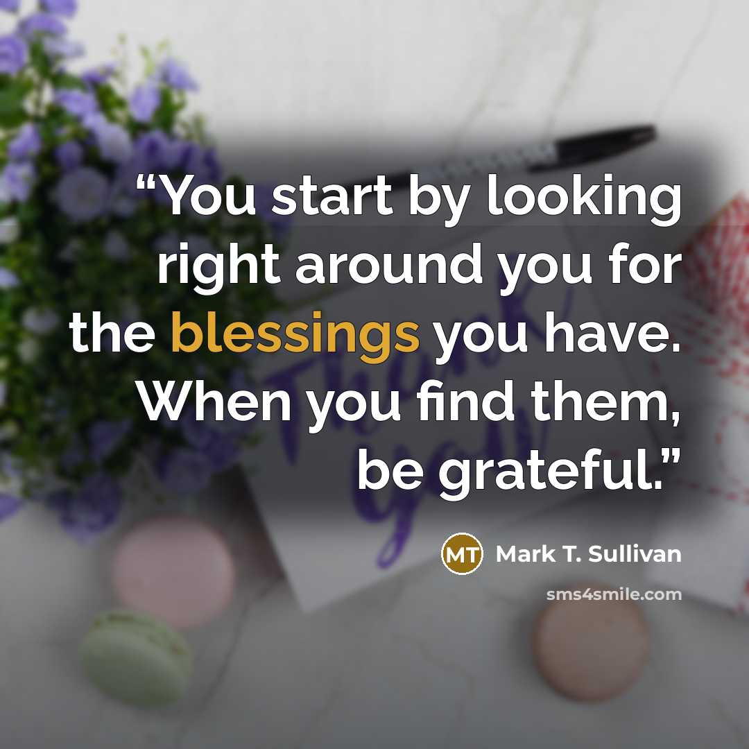 “You start by looking right around you for the blessings you have. When you find them, be grateful.” quote by Mark T. Sullivan