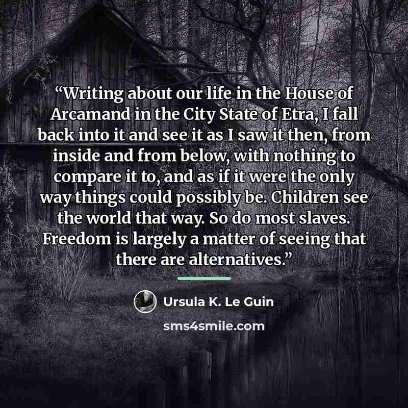 “Writing about our life in the House of Arcamand in the City State of Etra, I fall back into it and see it as I saw it then, from inside and from below, with nothing to compare it to, and as if it were the only way things could possibly be. Children see the world that way. So do most slaves…” quote by Ursula K. Le Guin