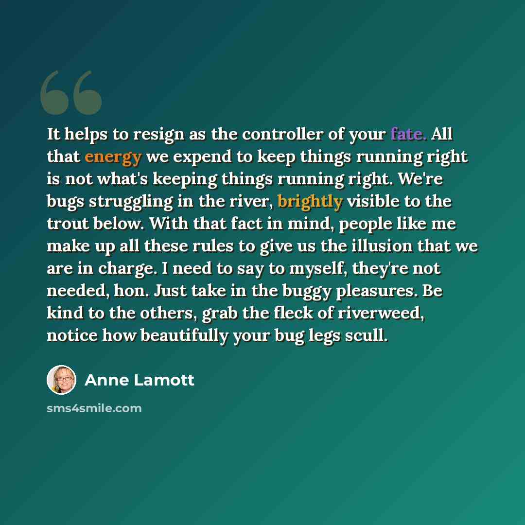 “It helps to resign as the controller of your fate. All that energy we expend to keep things running right is not what's keeping things running right. We're bugs struggling in the river, brightly visible to the trout below. With that fact in mind, people like me make up all these rules to give us…” quote by Anne Lamott