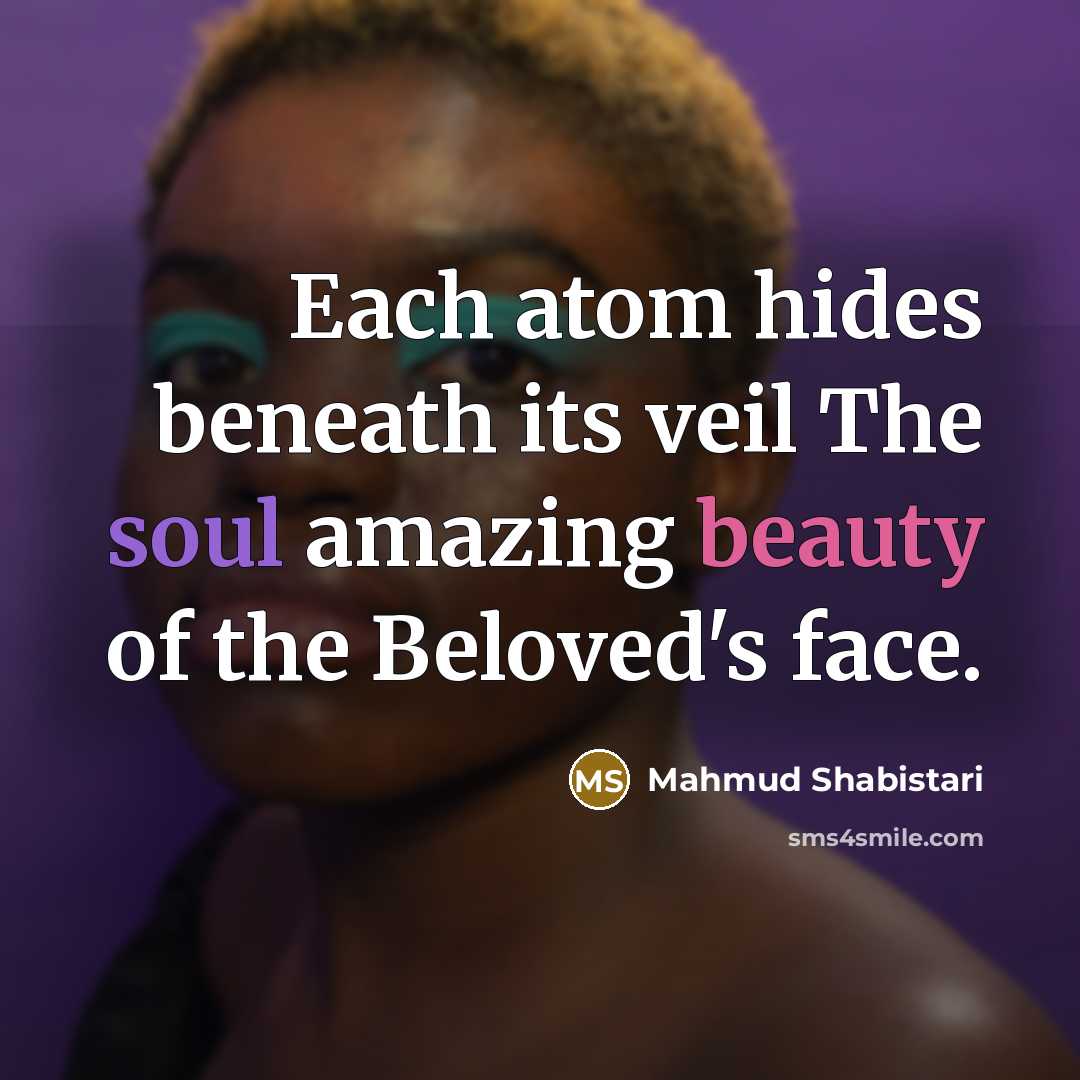 “Each atom hides beneath its veil The soul amazing beauty of the Beloved's face.” quote by Mahmud Shabistari