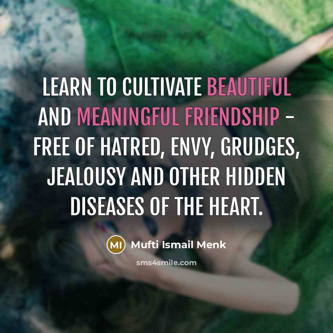 “Learn to cultivate beautiful and meaningful friendship - free of hatred, envy, grudges, jealousy and other hidden diseases of the heart.” quote by Mufti Ismail Menk