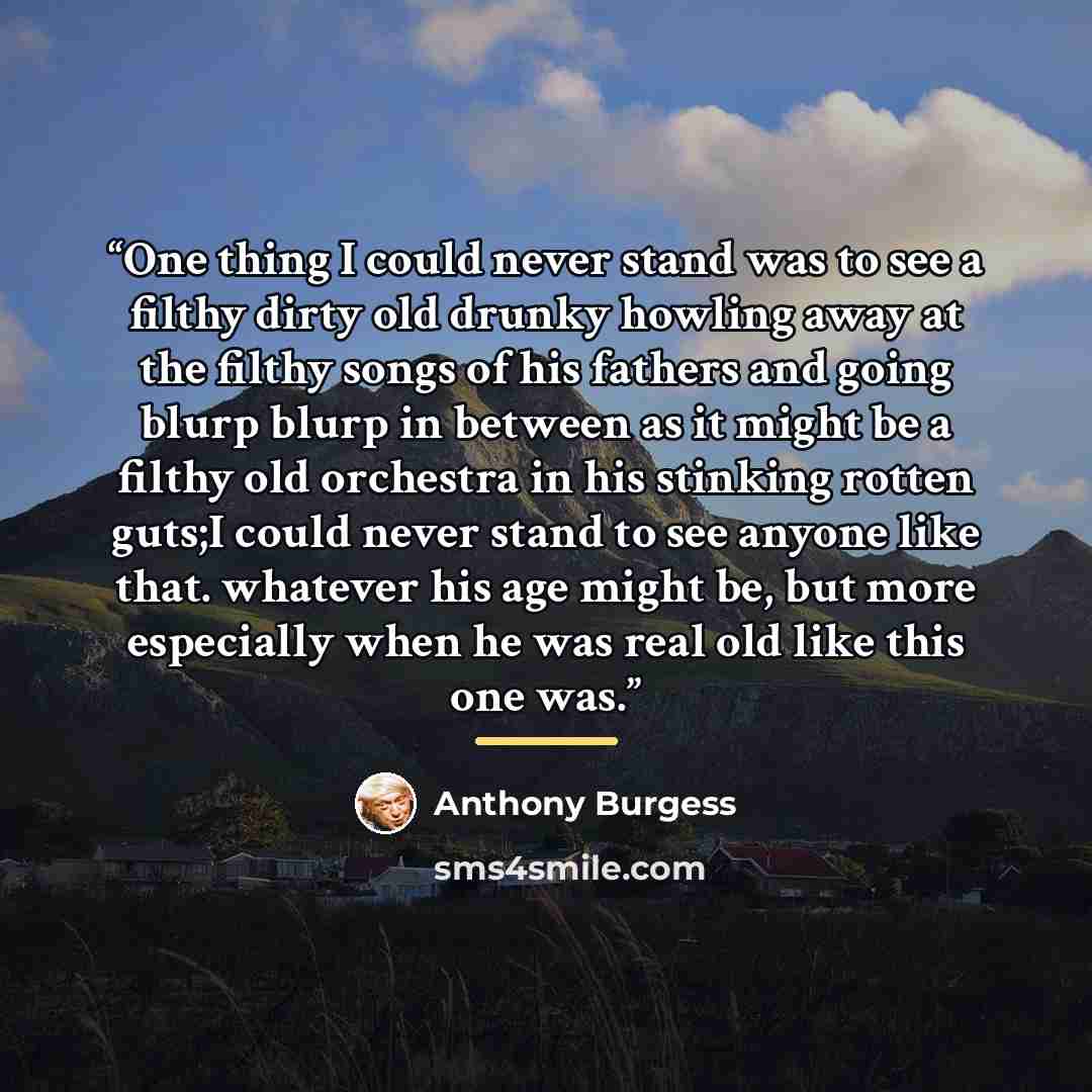 “One thing I could never stand was to see a filthy dirty old drunky howling away at the filthy songs of his fathers and going blurp blurp in between as it might be a filthy old orchestra in his stinking rotten guts;I could never stand to see anyone like that. whatever his age might be, but more…” quote by Anthony Burgess