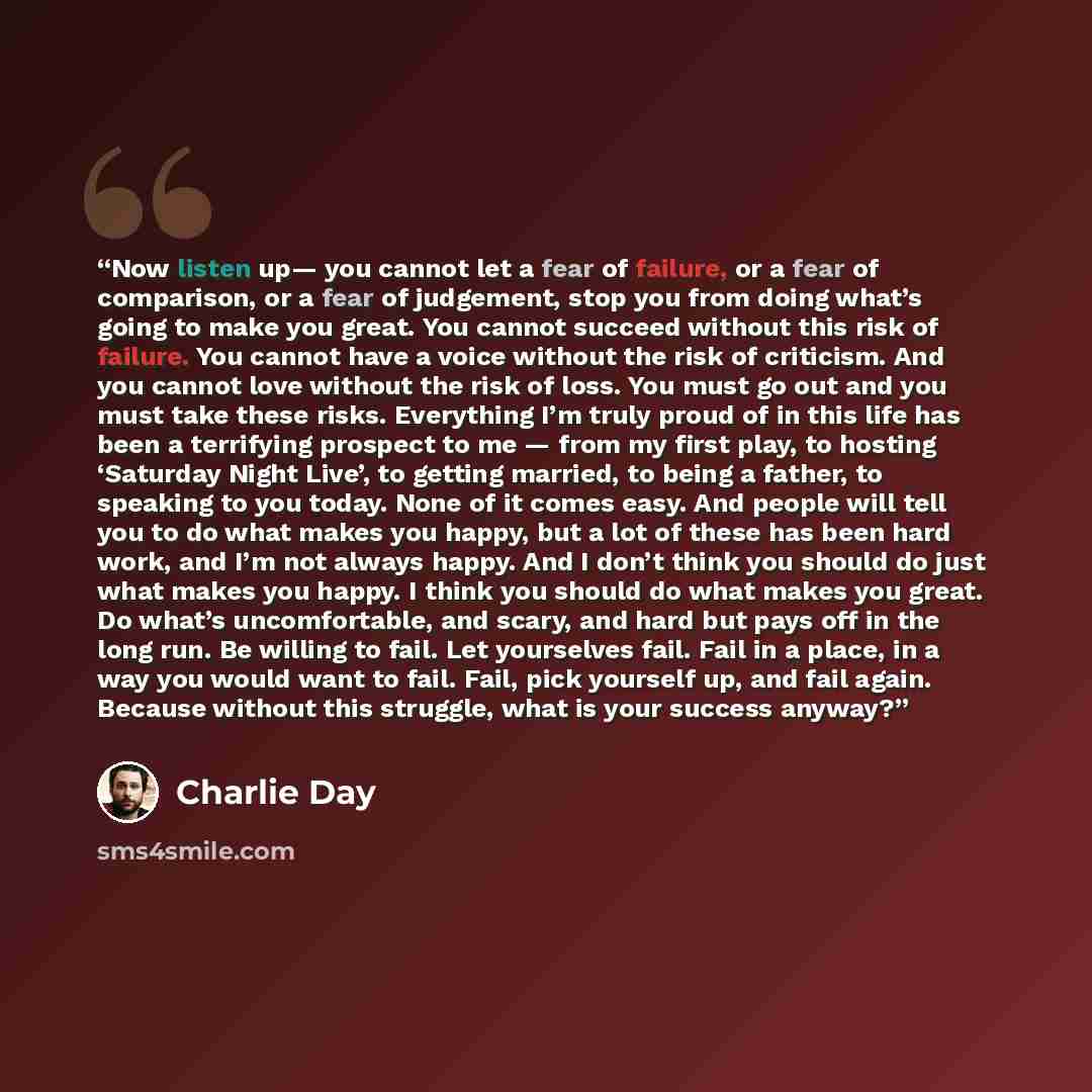 “Now listen up— you cannot let a fear of failure, or a fear of comparison, or a fear of judgement, stop you from doing what’s going to make you great. You cannot succeed without this risk of failure. You cannot have a voice without the risk of criticism. And you cannot love without the risk of…” quote by Charlie Day