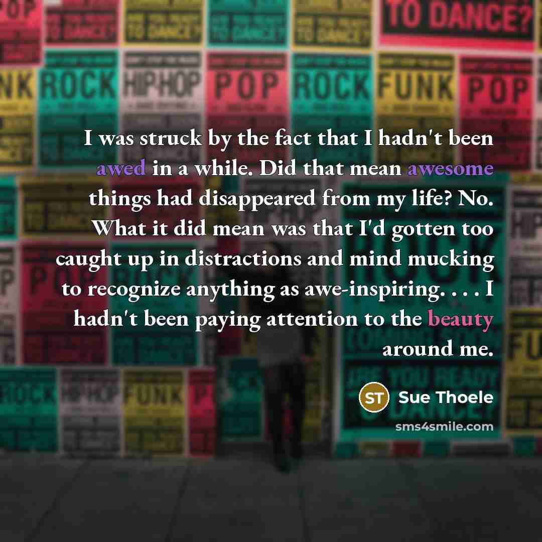 “I was struck by the fact that I hadn't been awed in a while. Did that mean awesome things had disappeared from my life? No. What it did mean was that I'd gotten too caught up in distractions and mind mucking to recognize anything as awe-inspiring. . . . I hadn't been paying attention to the beauty…” quote by Sue Thoele