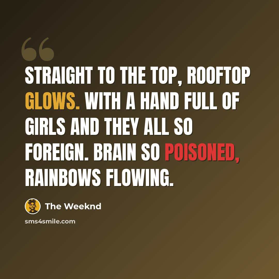 “Straight to the top, rooftop glows. With a hand full of girls and they all so foreign. Brain so poisoned, rainbows flowing.” quote by The Weeknd