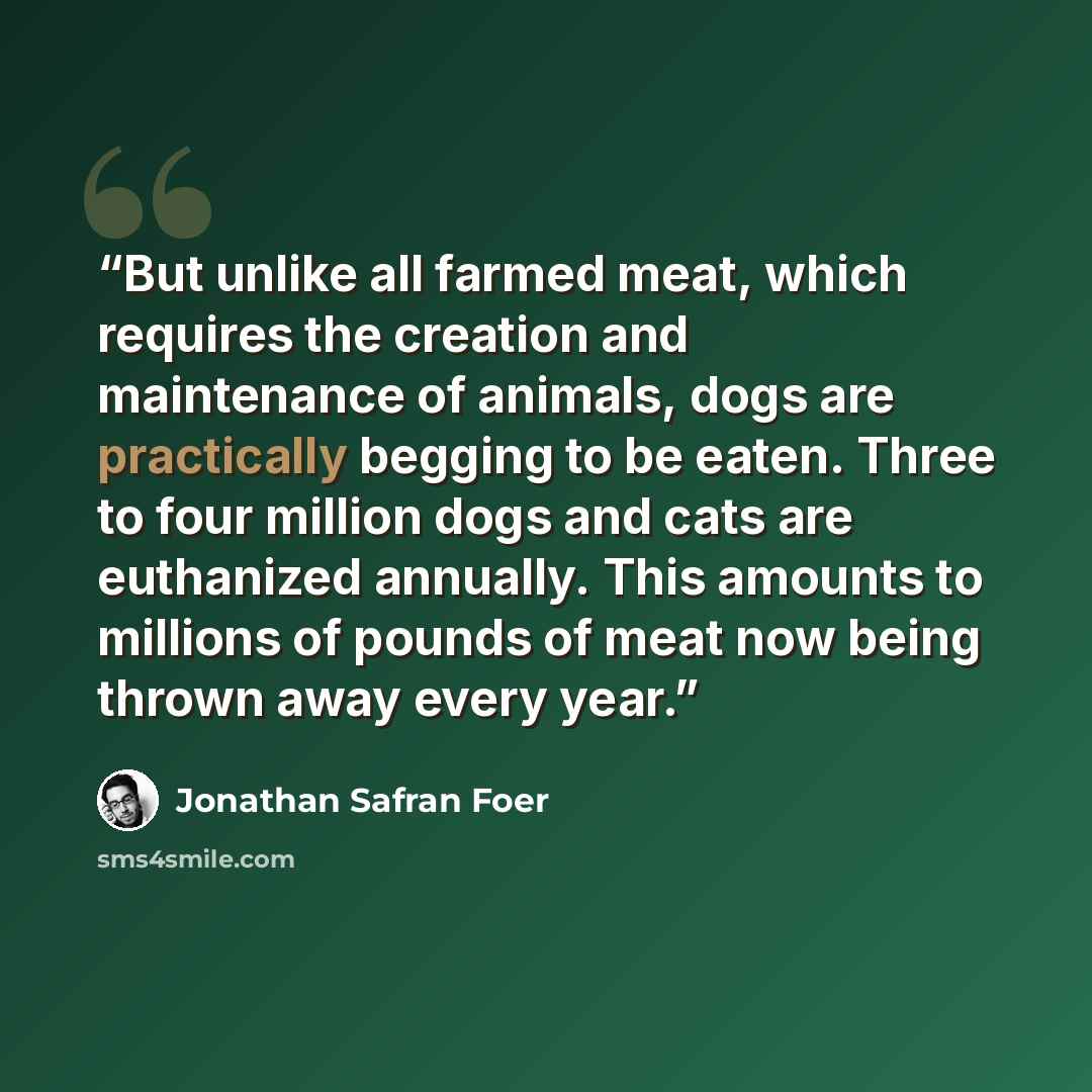 “But unlike all farmed meat, which requires the creation and maintenance of animals, dogs are practically begging to be eaten. Three to four million dogs and cats are euthanized annually. This amounts to millions of pounds of meat now being thrown away every year.” quote by Jonathan Safran Foer