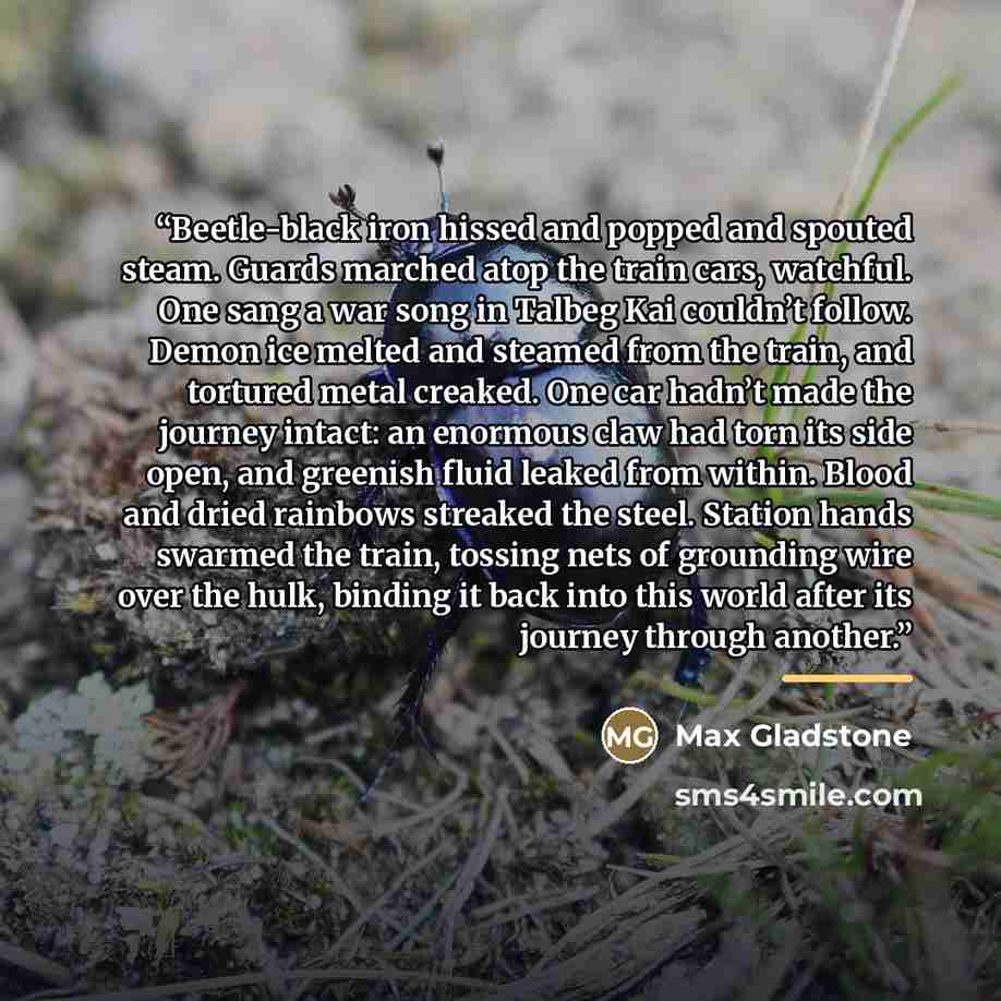 “Beetle-black iron hissed and popped and spouted steam. Guards marched atop the train cars, watchful. One sang a war song in Talbeg Kai couldn’t follow. Demon ice melted and steamed from the train, and tortured metal creaked. One car hadn’t made the journey intact: an enormous claw had torn its…” quote by Max Gladstone