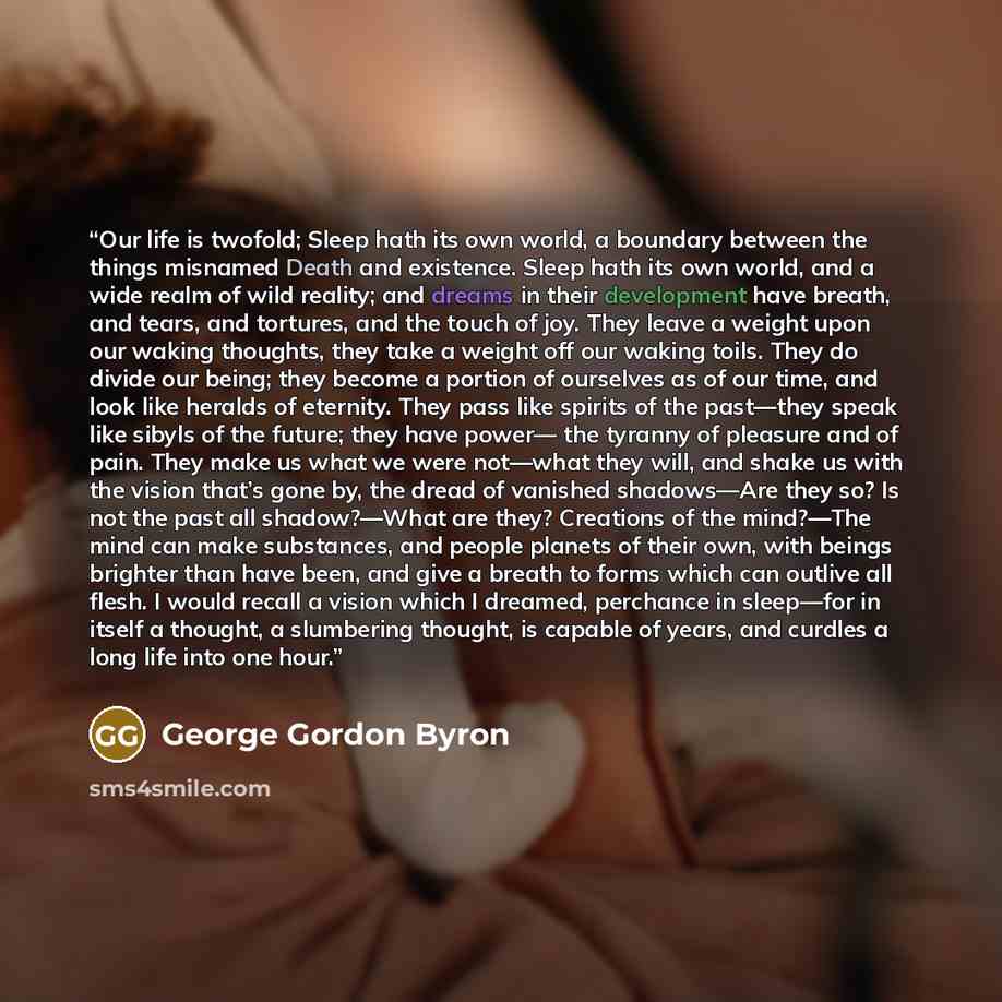 “‎Our life is twofold; Sleep hath its own world, a boundary between the things misnamed Death and existence. Sleep hath its own world, and a wide realm of wild reality; and dreams in their development have breath, and tears, and tortures, and the touch of joy. They leave a weight upon our waking…” quote by George Gordon Byron