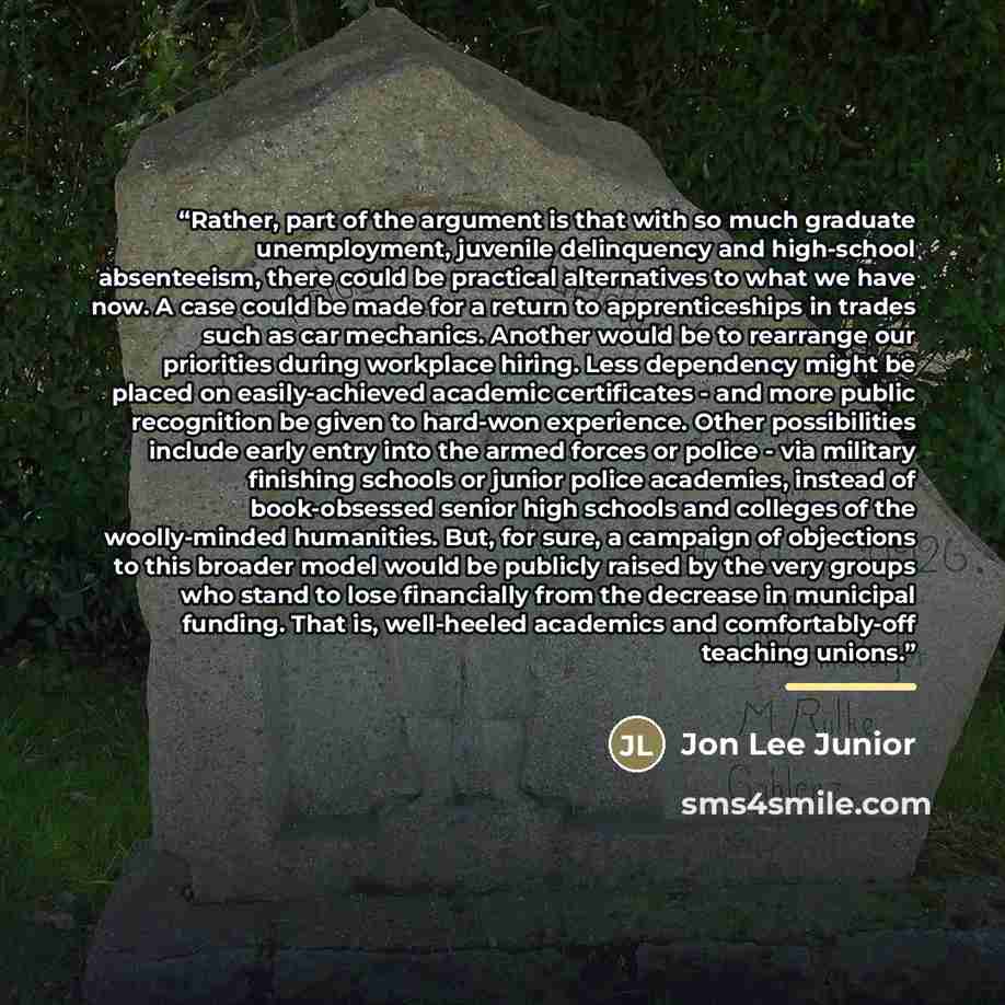 “Rather, part of the argument is that with so much graduate unemployment, juvenile delinquency and high-school absenteeism, there could be practical alternatives to what we have now. A case could be made for a return to apprenticeships in trades such as car mechanics. Another would be to rearrange…” quote by Jon Lee Junior