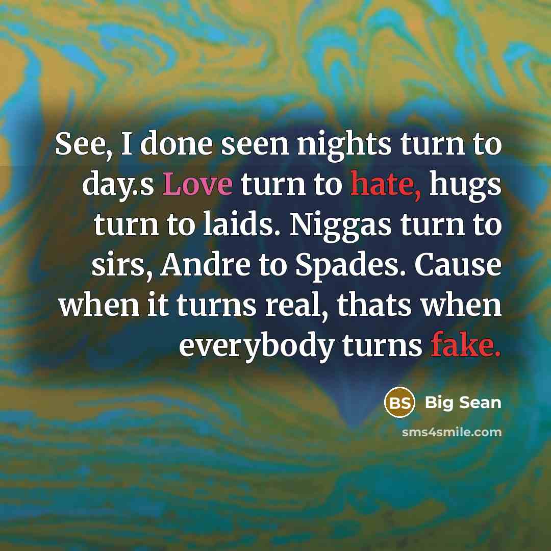 “See, I done seen nights turn to day.s Love turn to hate, hugs turn to laids. Niggas turn to sirs, Andre to Spades. Cause when it turns real, thats when everybody turns fake.” quote by Big Sean