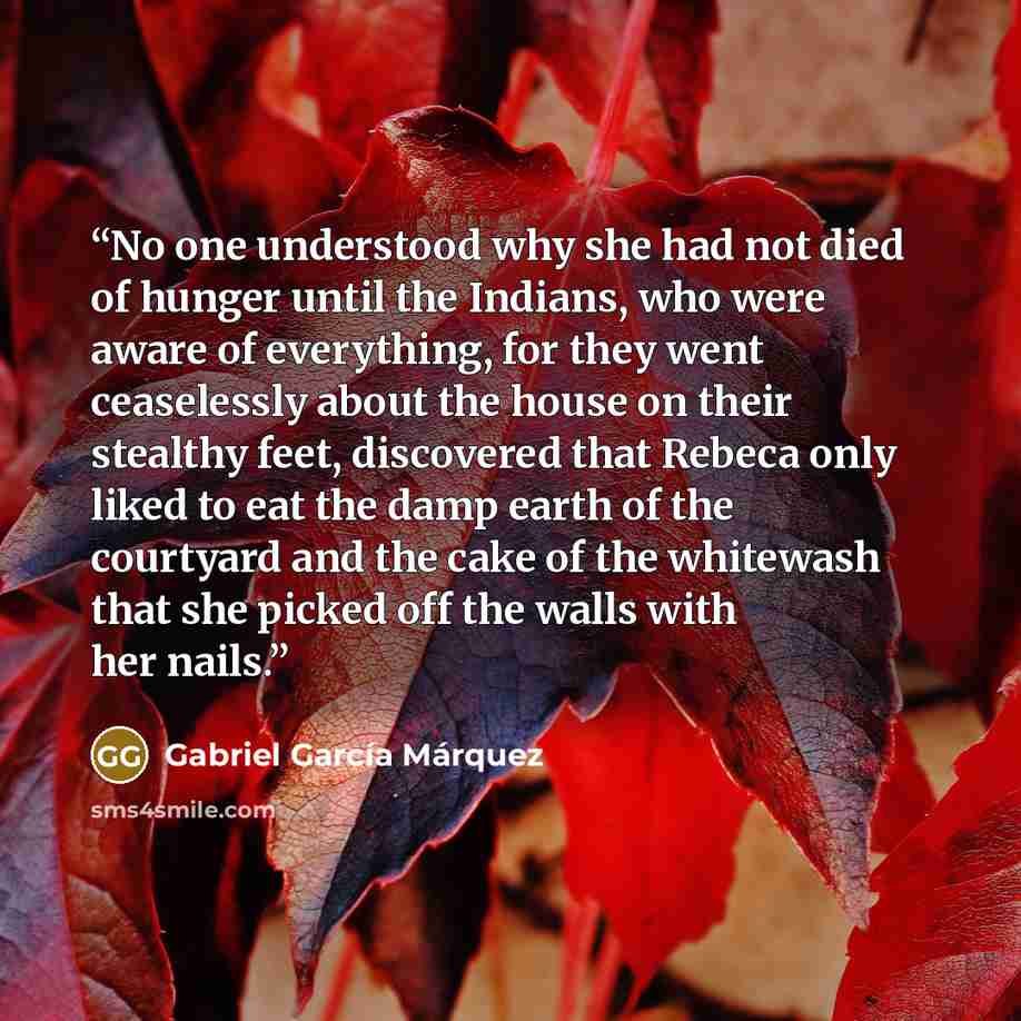 “No one understood why she had not died of hunger until the Indians, who were aware of everything, for they went ceaselessly about the house on their stealthy feet, discovered that Rebeca only liked to eat the damp earth of the courtyard and the cake of the whitewash that she picked off the walls…” quote by Gabriel García Márquez