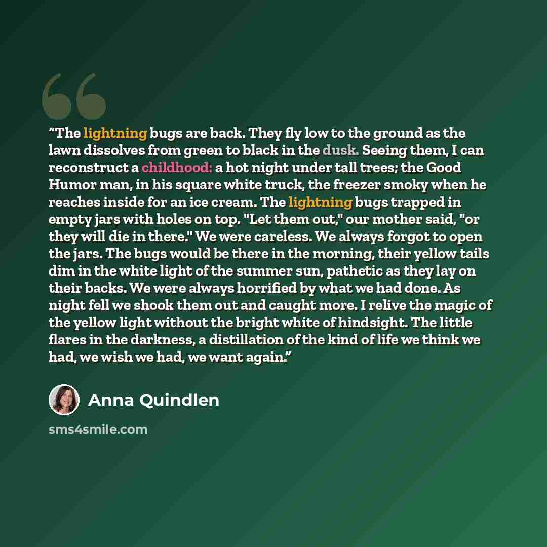 “The lightning bugs are back. They fly low to the ground as the lawn dissolves from green to black in the dusk. Seeing them, I can reconstruct a childhood: a hot night under tall trees; the Good Humor man, in his square white truck, the freezer smoky when he reaches inside for an ice cream. The…” quote by Anna Quindlen