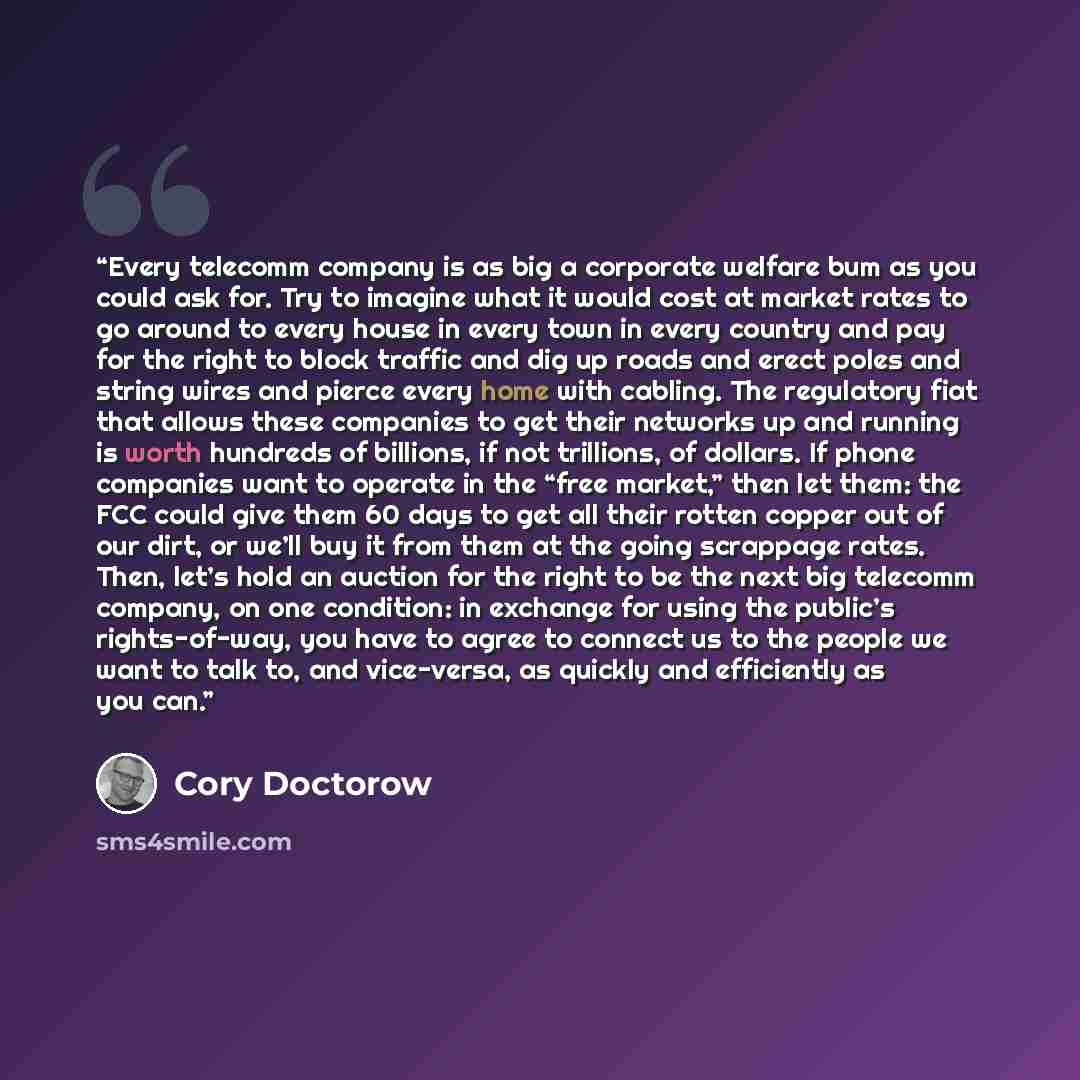 “Every telecomm company is as big a corporate welfare bum as you could ask for. Try to imagine what it would cost at market rates to go around to every house in every town in every country and pay for the right to block traffic and dig up roads and erect poles and string wires and pierce every home…” quote by Cory Doctorow