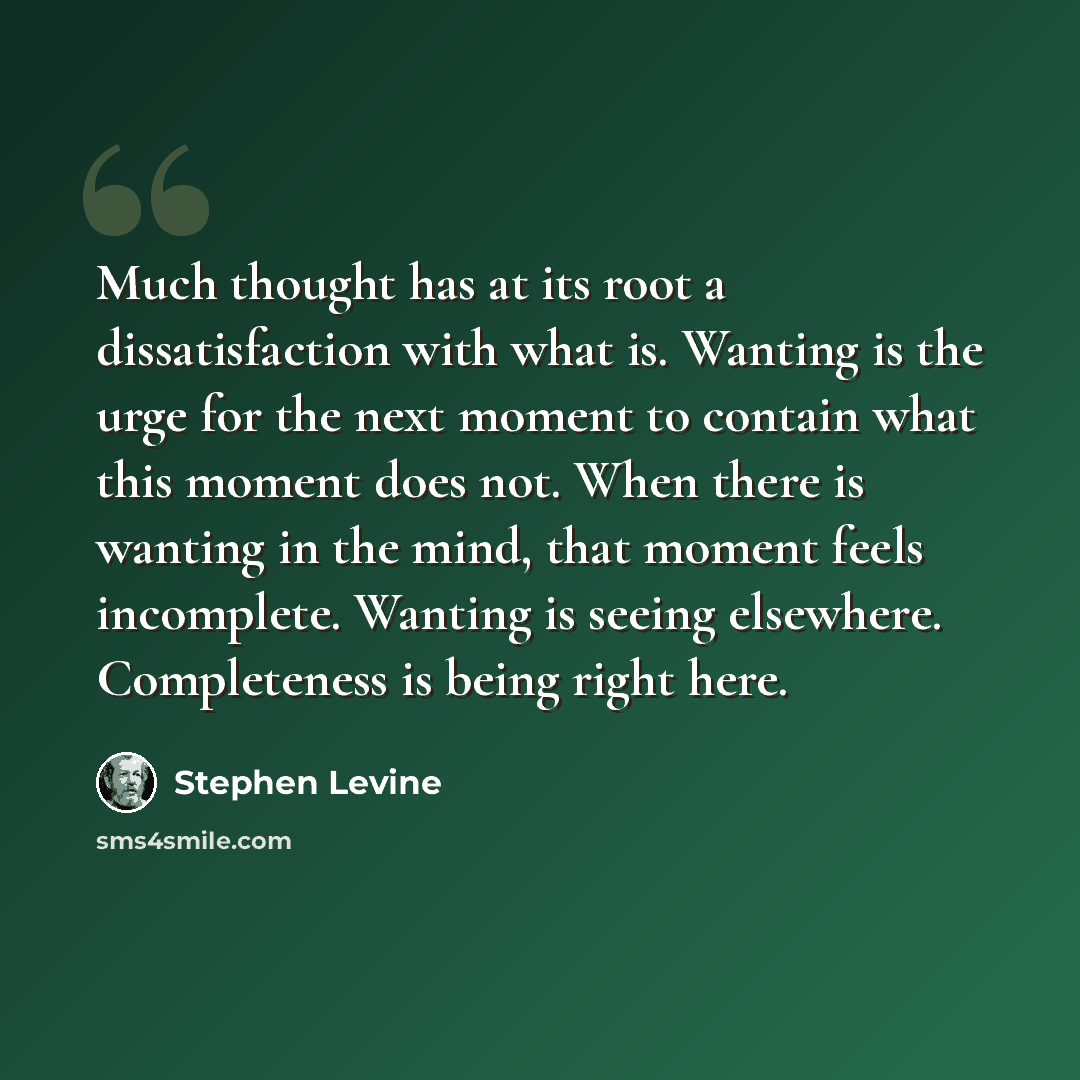 “Much thought has at its root a dissatisfaction with what is. Wanting is the urge for the next moment to contain what this moment does not. When there is wanting in the mind, that moment feels incomplete. Wanting is seeing elsewhere. Completeness is being right here.” quote by Stephen Levine