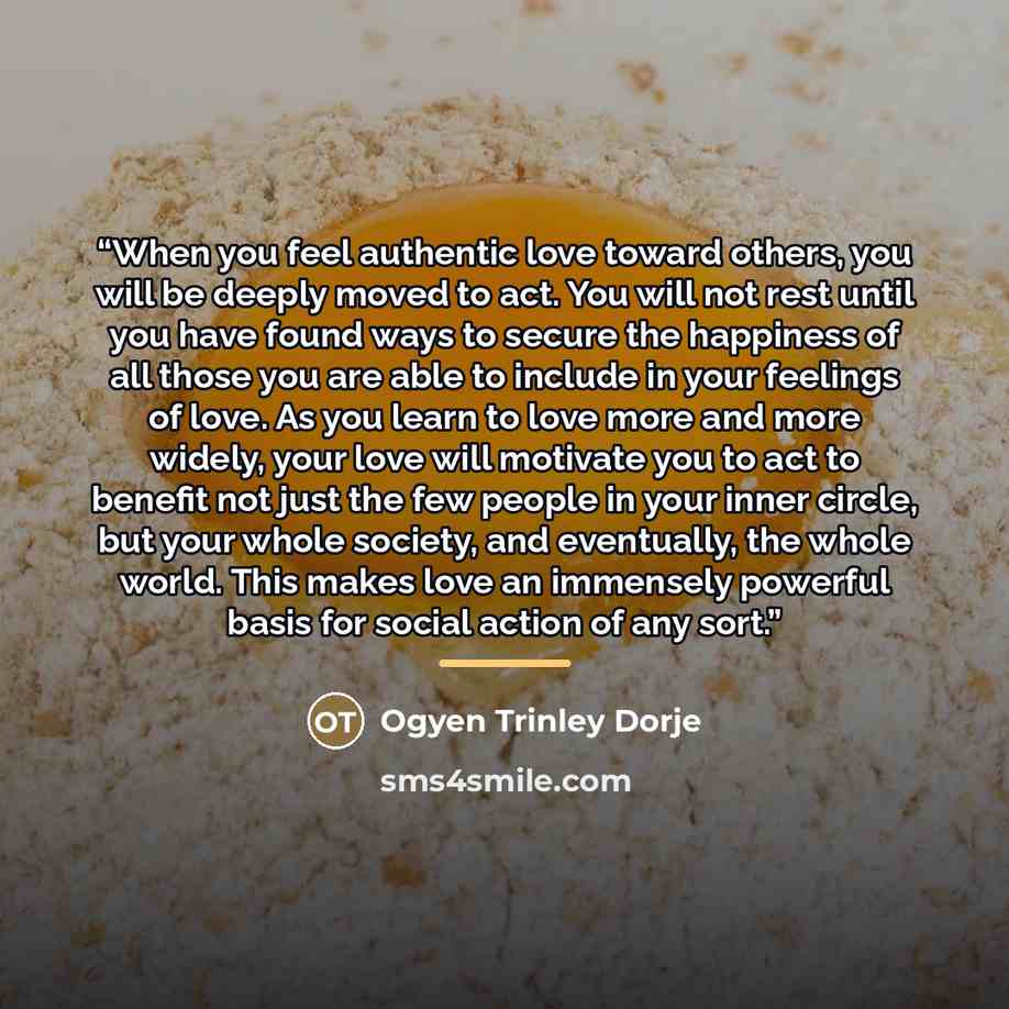“When you feel authentic love toward others, you will be deeply moved to act. You will not rest until you have found ways to secure the happiness of all those you are able to include in your feelings of love. As you learn to love more and more widely, your love will motivate you to act to benefit…” quote by Ogyen Trinley Dorje