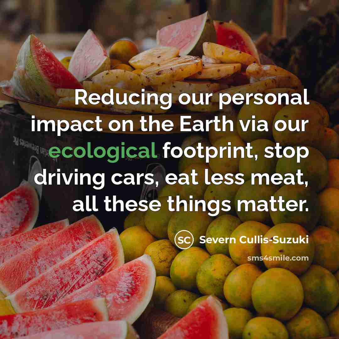 “Reducing our personal impact on the Earth via our ecological footprint, stop driving cars, eat less meat, all these things matter.” quote by Severn Cullis-Suzuki