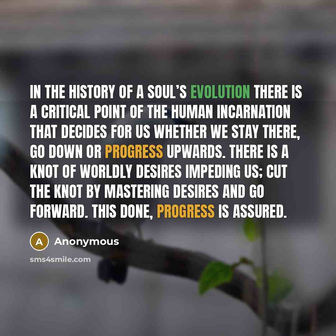 “In the history of a soul’s evolution there is a critical point of the human incarnation that decides for us whether we stay there, go down or progress upwards. There is a knot of worldly desires impeding us; cut the knot by mastering desires and go forward. This done, progress is assured.” quote by Anonymous
