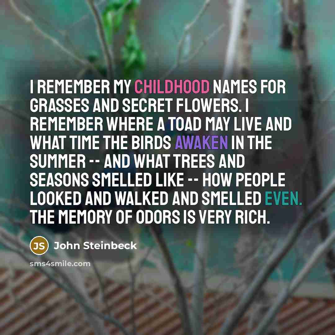 “I remember my childhood names for grasses and secret flowers. I remember where a toad may live and what time the birds awaken in the summer -- and what trees and seasons smelled like -- how people looked and walked and smelled even. The memory of odors is very rich.” quote by John Steinbeck