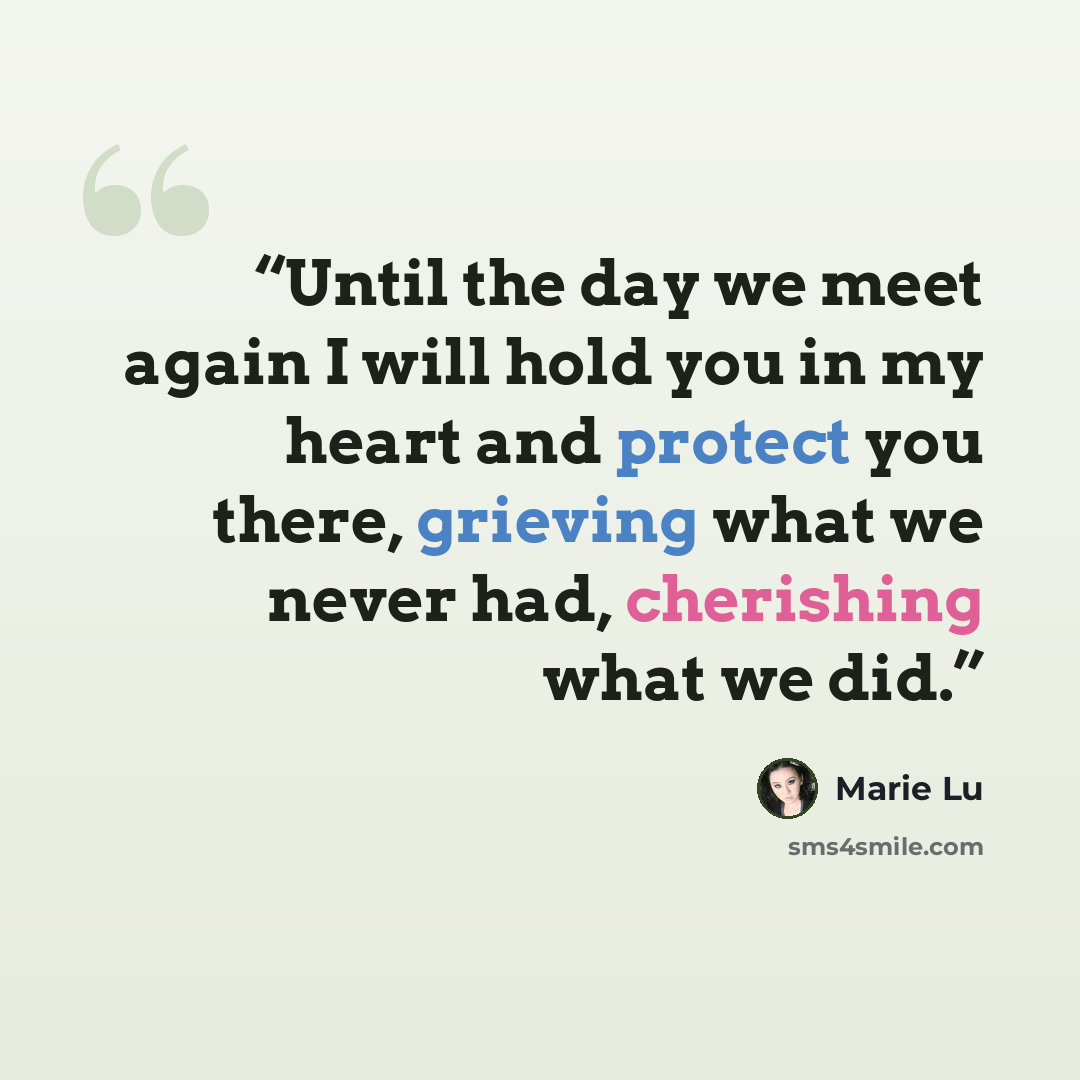 “Until the day we meet again I will hold you in my heart and protect you there, grieving what we never had, cherishing what we did.” quote by Marie Lu
