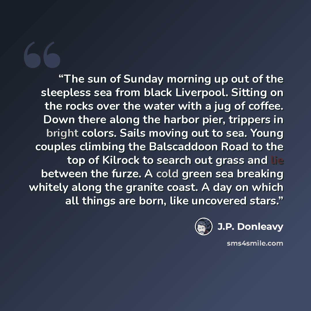 “The sun of Sunday morning up out of the sleepless sea from black Liverpool. Sitting on the rocks over the water with a jug of coffee. Down there along the harbor pier, trippers in bright colors. Sails moving out to sea. Young couples climbing the Balscaddoon Road to the top of Kilrock to search…” quote by J.P. Donleavy