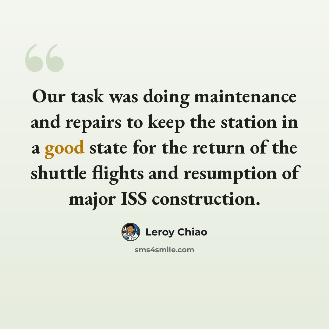 “Our task was doing maintenance and repairs to keep the station in a good state for the return of the shuttle flights and resumption of major ISS construction.” quote by Leroy Chiao