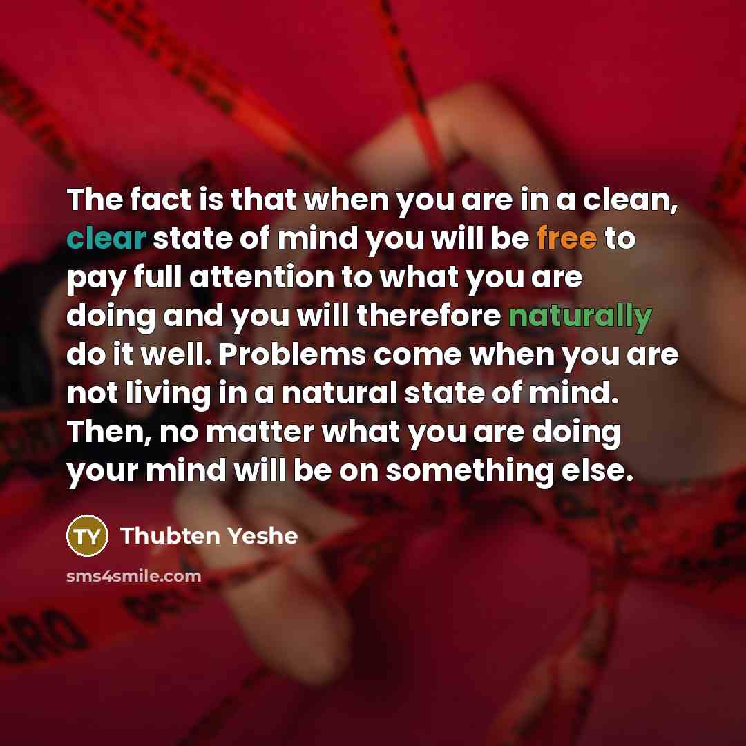 “The fact is that when you are in a clean, clear state of mind you will be free to pay full attention to what you are doing and you will therefore naturally do it well. Problems come when you are not living in a natural state of mind. Then, no matter what you are doing your mind will be on…” quote by Thubten Yeshe