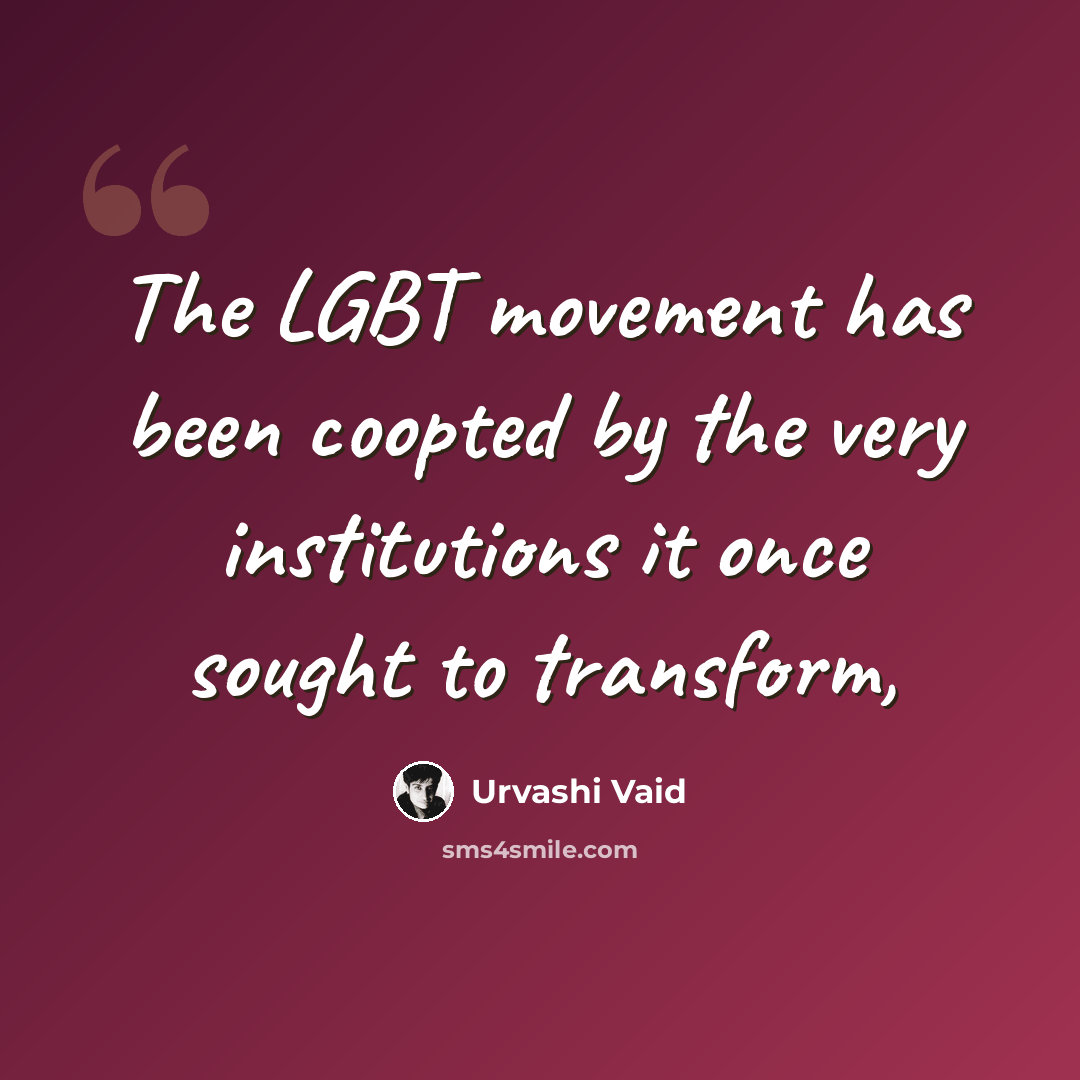 “The LGBT movement has been coopted by the very institutions it once sought to transform,” quote by Urvashi Vaid