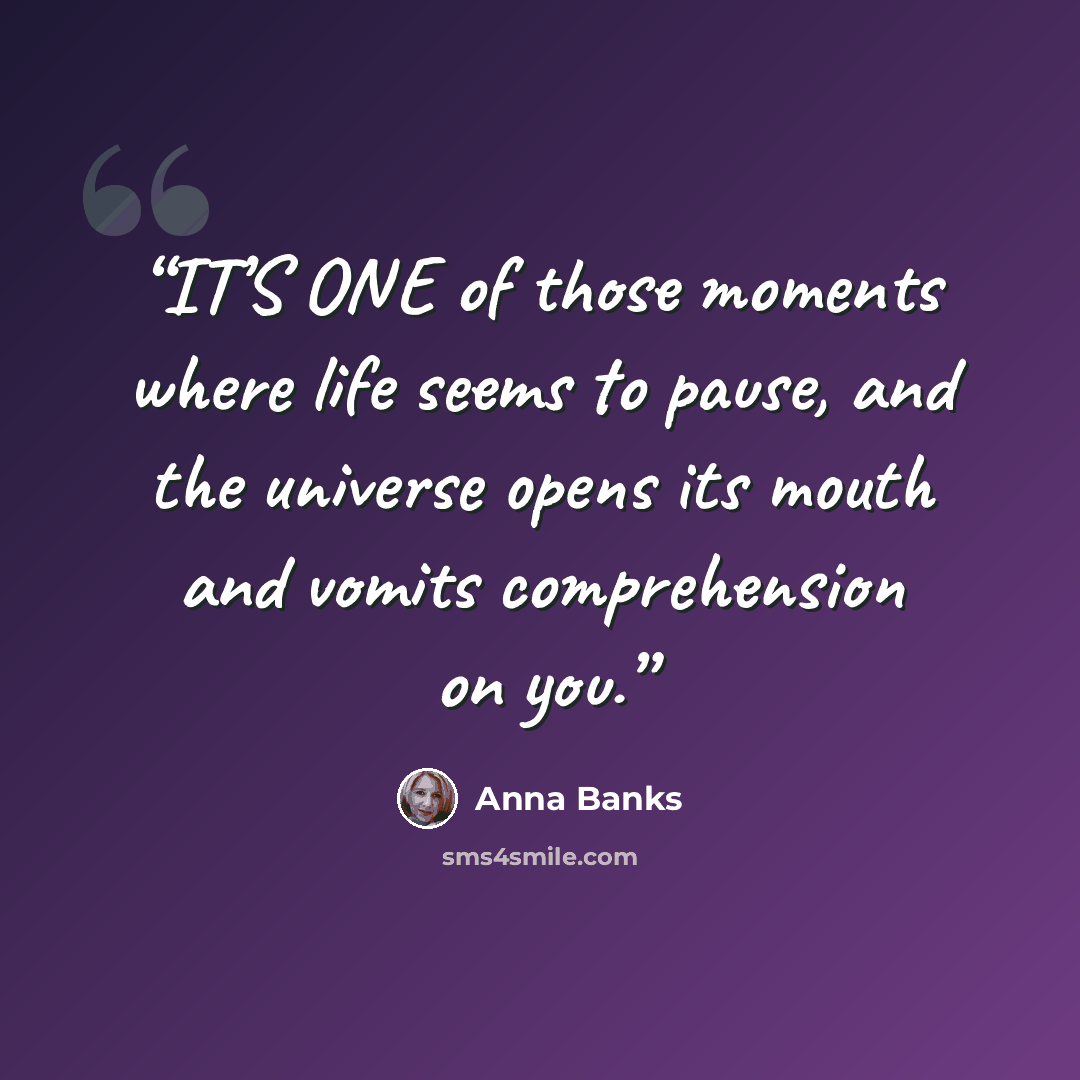 “IT’S ONE of those moments where life seems to pause, and the universe opens its mouth and vomits comprehension on you.” quote by Anna Banks