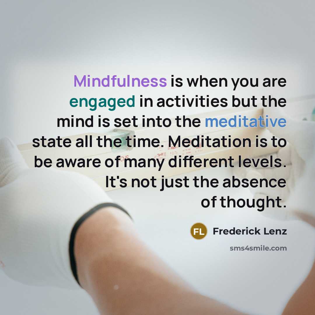 “Mindfulness is when you are engaged in activities but the mind is set into the meditative state all the time. Meditation is to be aware of many different levels. It's not just the absence of thought.” quote by Frederick Lenz