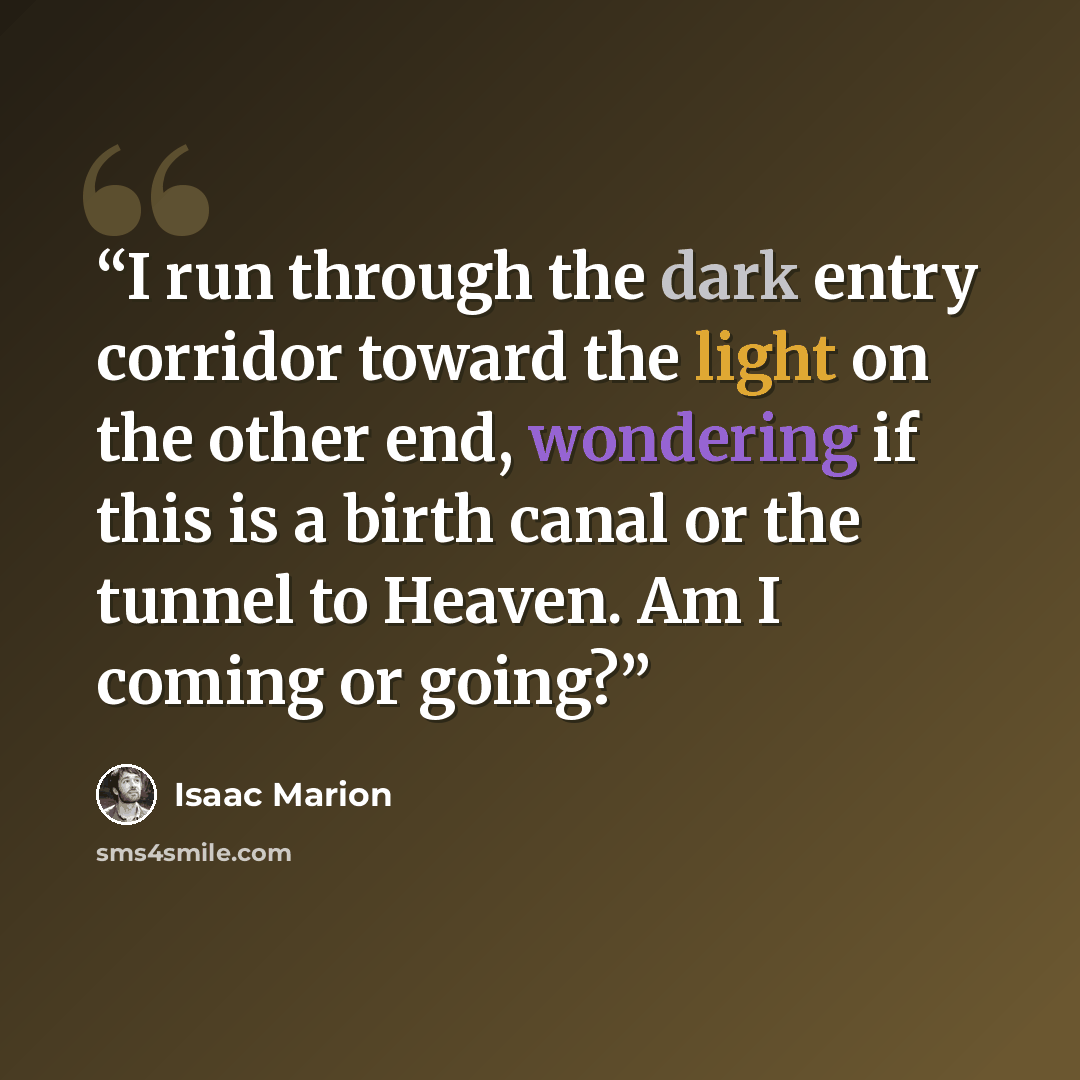 “I run through the dark entry corridor toward the light on the other end, wondering if this is a birth canal or the tunnel to Heaven. Am I coming or going?” quote by Isaac Marion