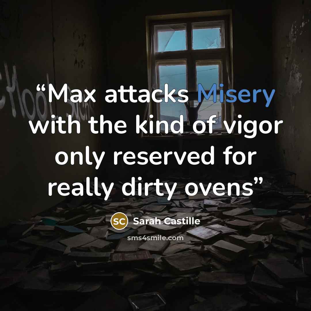 “Max attacks Misery with the kind of vigor only reserved for really dirty ovens” quote by Sarah Castille