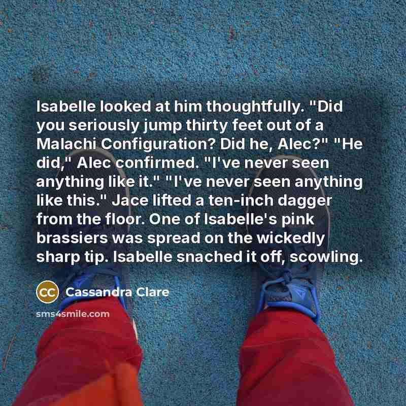 “Isabelle looked at him thoughtfully. "Did you seriously jump thirty feet out of a Malachi Configuration? Did he, Alec?" "He did," Alec confirmed. "I've never seen anything like it." "I've never seen anything like this." Jace lifted a ten-inch dagger from the floor. One of Isabelle's pink brassiers…” quote by Cassandra Clare