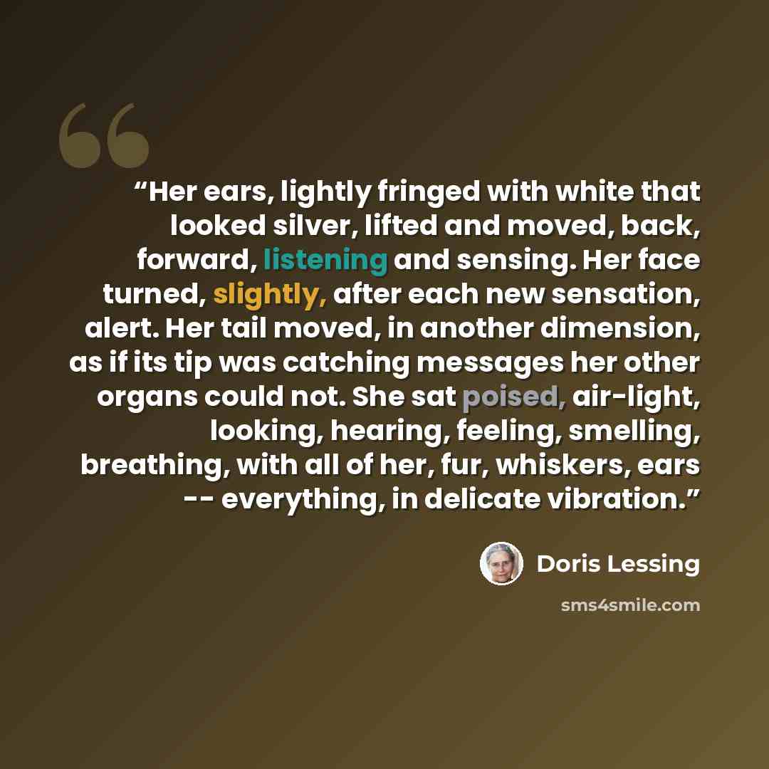 “Her ears, lightly fringed with white that looked silver, lifted and moved, back, forward, listening and sensing. Her face turned, slightly, after each new sensation, alert. Her tail moved, in another dimension, as if its tip was catching messages her other organs could not. She sat poised…” quote by Doris Lessing