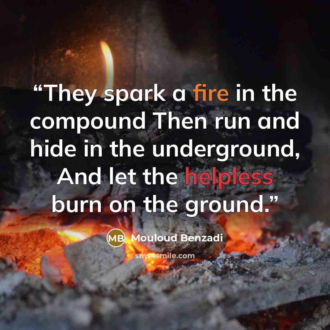 “They spark a fire in the compound Then run and hide in the underground, And let the helpless burn on the ground.” quote by Mouloud Benzadi