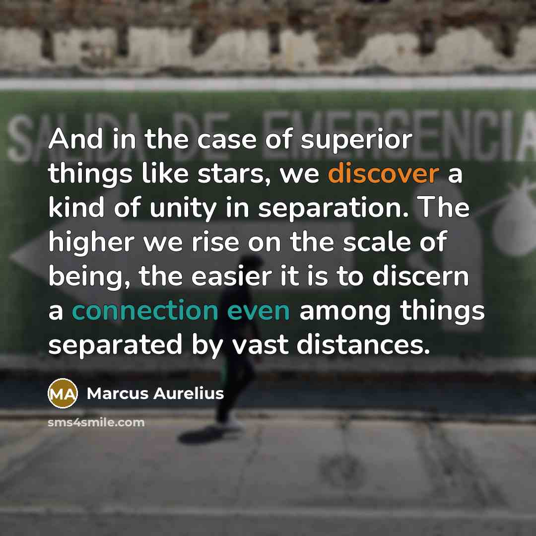“And in the case of superior things like stars, we discover a kind of unity in separation. The higher we rise on the scale of being, the easier it is to discern a connection even among things separated by vast distances.” quote by Marcus Aurelius