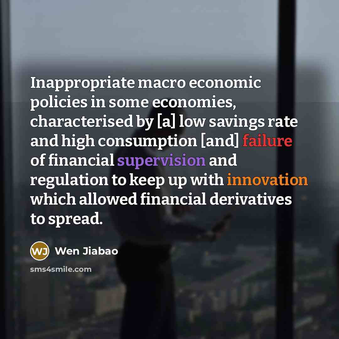 “Inappropriate macro economic policies in some economies, characterised by [a] low savings rate and high consumption [and] failure of financial supervision and regulation to keep up with innovation which allowed financial derivatives to spread.” quote by Wen Jiabao