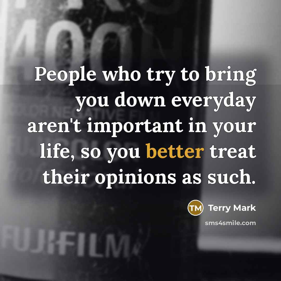 “People who try to bring you down everyday aren't important in your life, so you better treat their opinions as such.” quote by Terry Mark