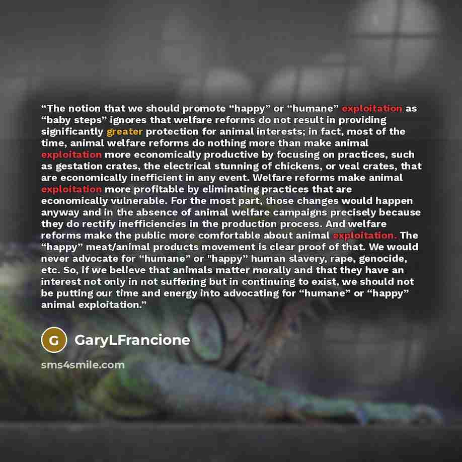 “The notion that we should promote “happy” or “humane” exploitation as “baby steps” ignores that welfare reforms do not result in providing significantly greater protection for animal interests; in fact, most of the time, animal welfare reforms do nothing more than make animal exploitation more…” quote by GaryLFrancione