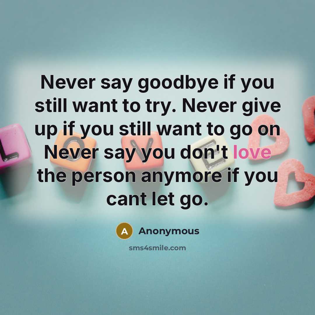 “Never say goodbye if you still want to try. Never give up if you still want to go on Never say you don't love the person anymore if you cant let go.” quote by Anonymous