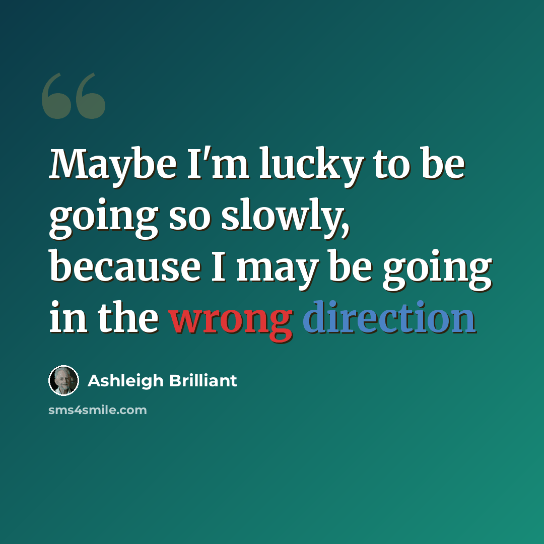 “Maybe I'm lucky to be going so slowly, because I may be going in the wrong direction” quote by Ashleigh Brilliant