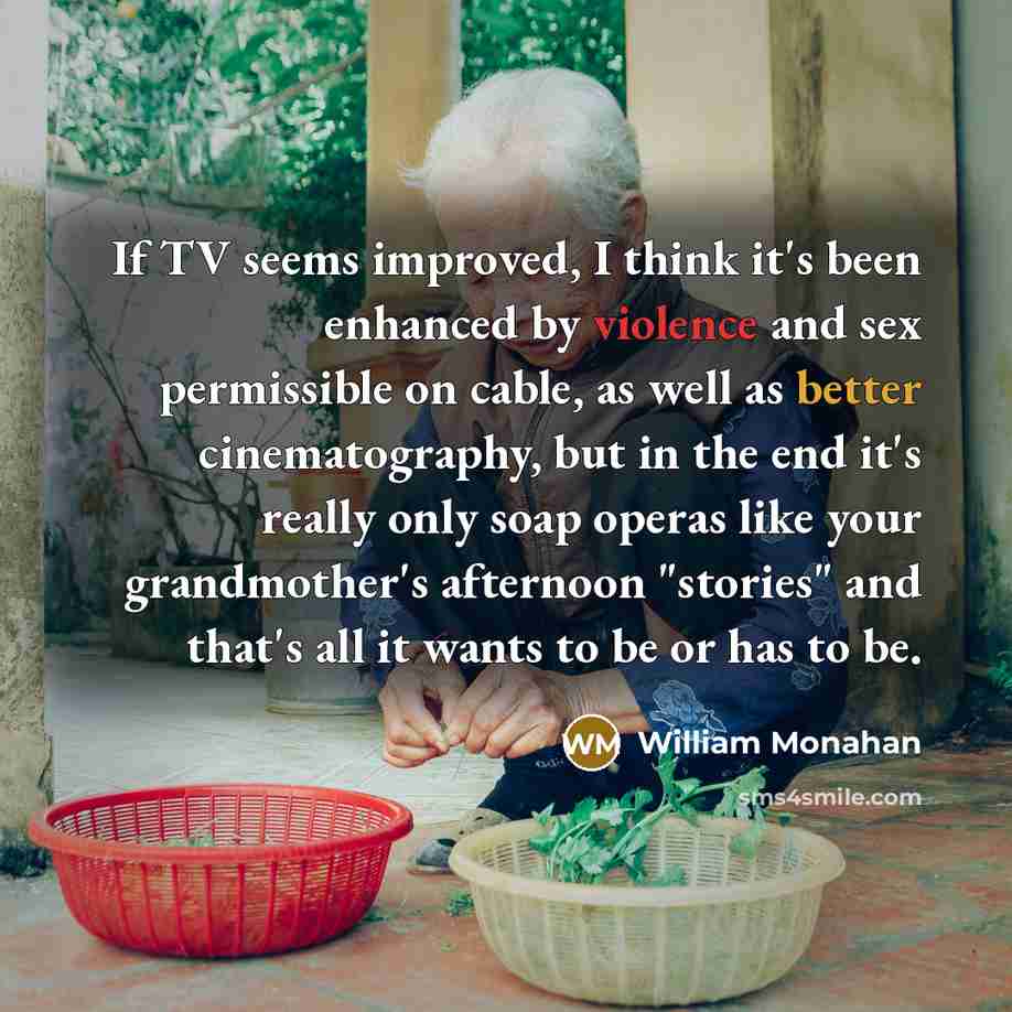 “If TV seems improved, I think it's been enhanced by violence and sex permissible on cable, as well as better cinematography, but in the end it's really only soap operas like your grandmother's afternoon "stories" and that's all it wants to be or has to be.” quote by William Monahan