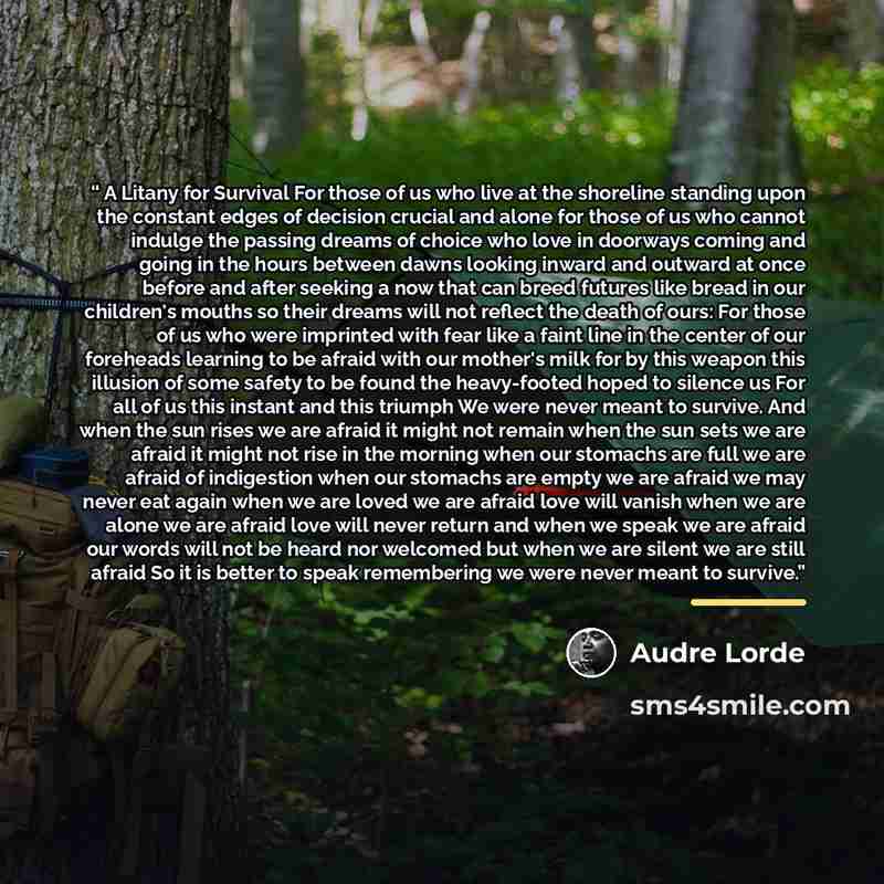 “A Litany for Survival For those of us who live at the shoreline standing upon the constant edges of decision crucial and alone for those of us who cannot indulge the passing dreams of choice who love in doorways coming and going in the hours between dawns looking inward and outward at once before…” quote by Audre Lorde