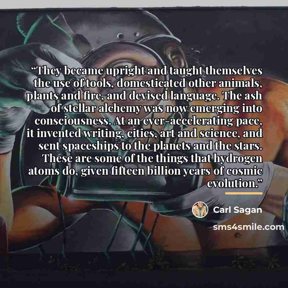“They became upright and taught themselves the use of tools, domesticated other animals, plants and fire, and devised language. The ash of stellar alchemy was now emerging into consciousness. At an ever-accelerating pace, it invented writing, cities, art and science, and sent spaceships to the…” quote by Carl Sagan