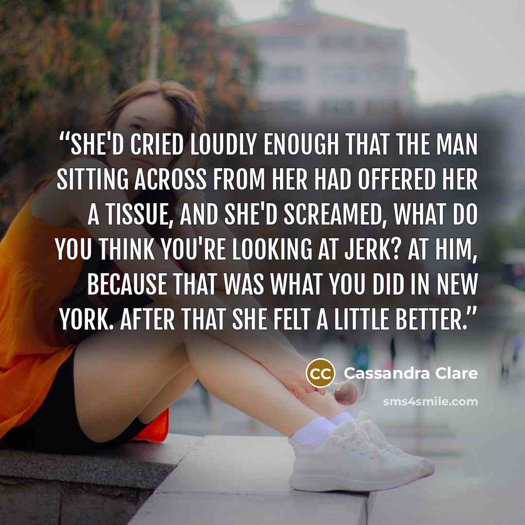 “She'd cried loudly enough that the man sitting across from her had offered her a tissue, and she'd screamed, what do you think you're looking at jerk? At him, because that was what you did in New York. After that she felt a little better.” quote by Cassandra Clare