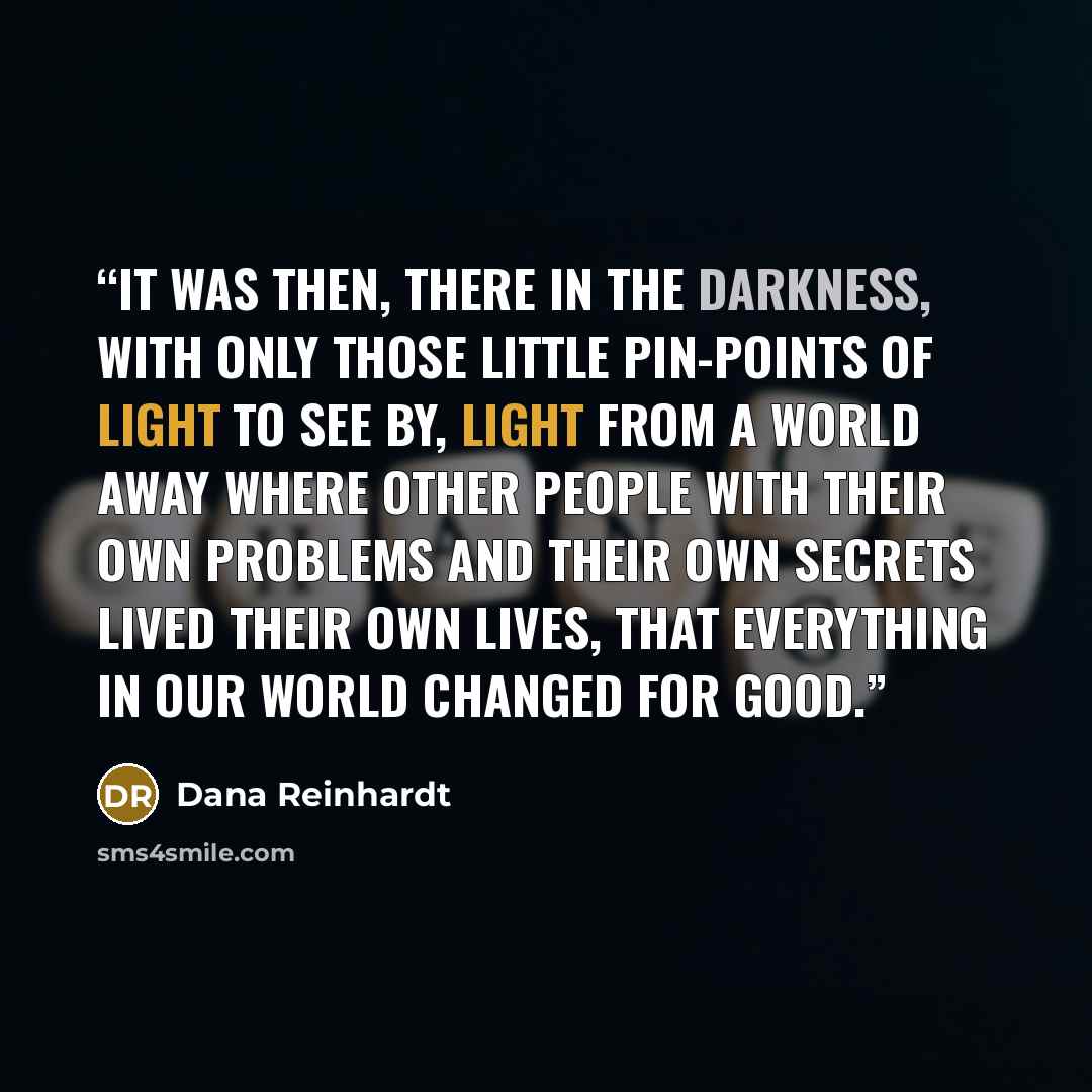 “It was then, there in the darkness, with only those little pin-points of light to see by, light from a world away where other people with their own problems and their own secrets lived their own lives, that everything in our world changed for good.” quote by Dana Reinhardt