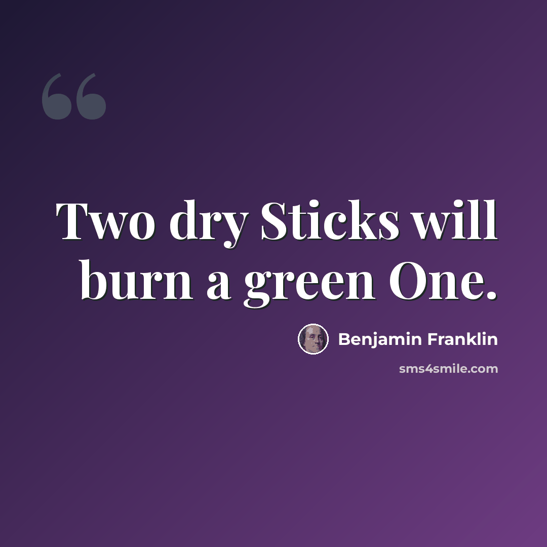 “Two dry Sticks will burn a green One.” quote by Benjamin Franklin