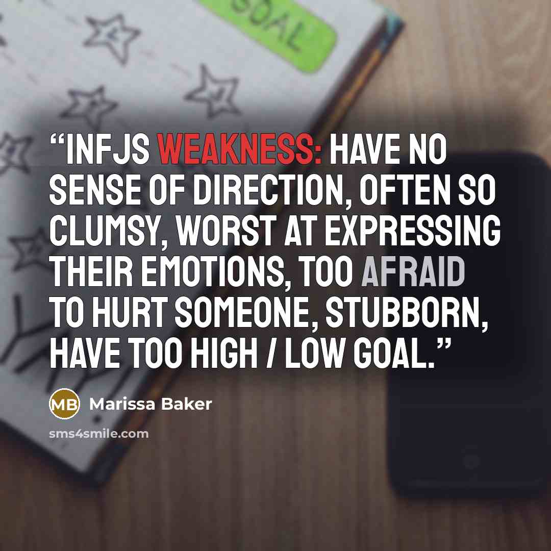 “INFJs weakness: have no sense of direction, often so clumsy, worst at expressing their emotions, too afraid to hurt someone, stubborn, have too high / low goal.” quote by Marissa Baker