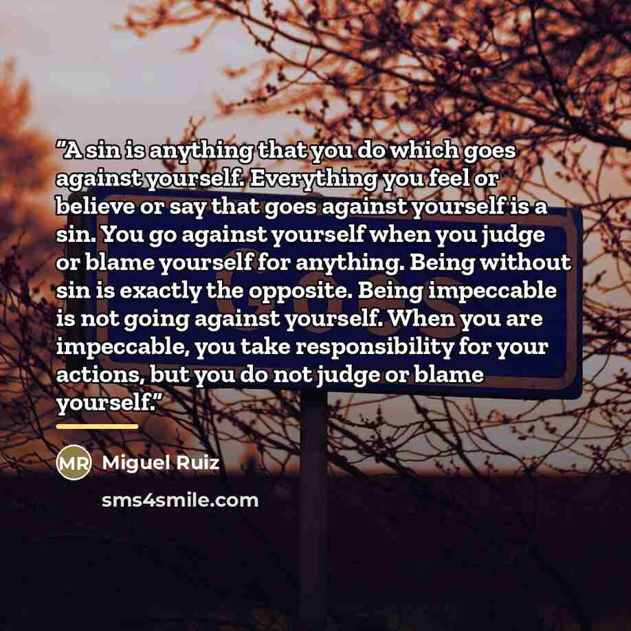 “A sin is anything that you do which goes against yourself. Everything you feel or believe or say that goes against yourself is a sin. You go against yourself when you judge or blame yourself for anything. Being without sin is exactly the opposite. Being impeccable is not going against yourself…” quote by Miguel Ruiz