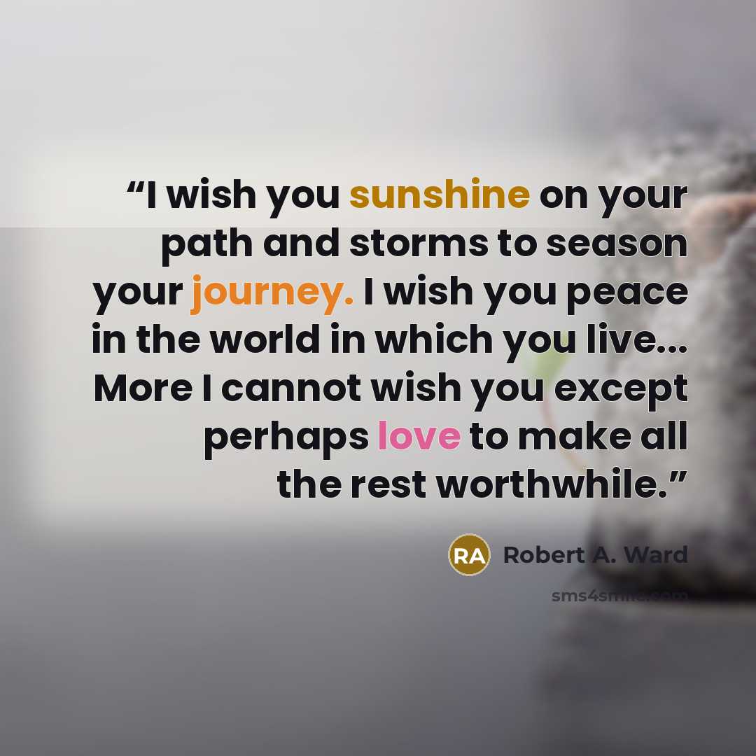 “I wish you sunshine on your path and storms to season your journey. I wish you peace in the world in which you live... More I cannot wish you except perhaps love to make all the rest worthwhile.” quote by Robert A. Ward