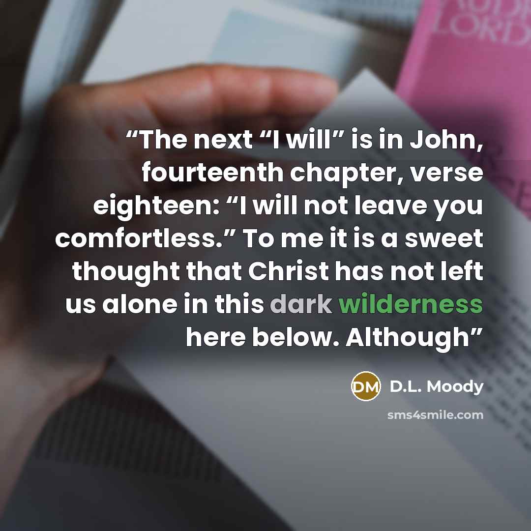 “The next “I will” is in John, fourteenth chapter, verse eighteen: “I will not leave you comfortless.” To me it is a sweet thought that Christ has not left us alone in this dark wilderness here below. Although” quote by D.L. Moody